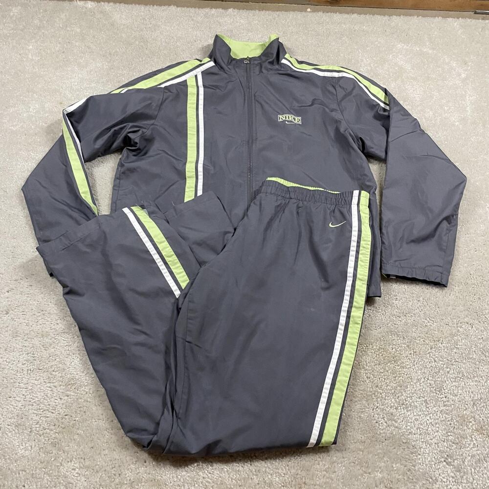 Y2K Nike Tracksuit Womens L Gray Green Stripe 2 Piece Jacket Pants Set Sporty